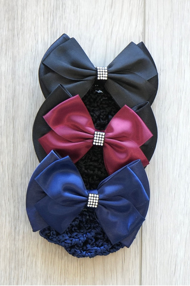 Collection of Wilma Sport Diamanté Bow Hairnets in black, burgundy, and navy, satin bows with diamanté detailing.