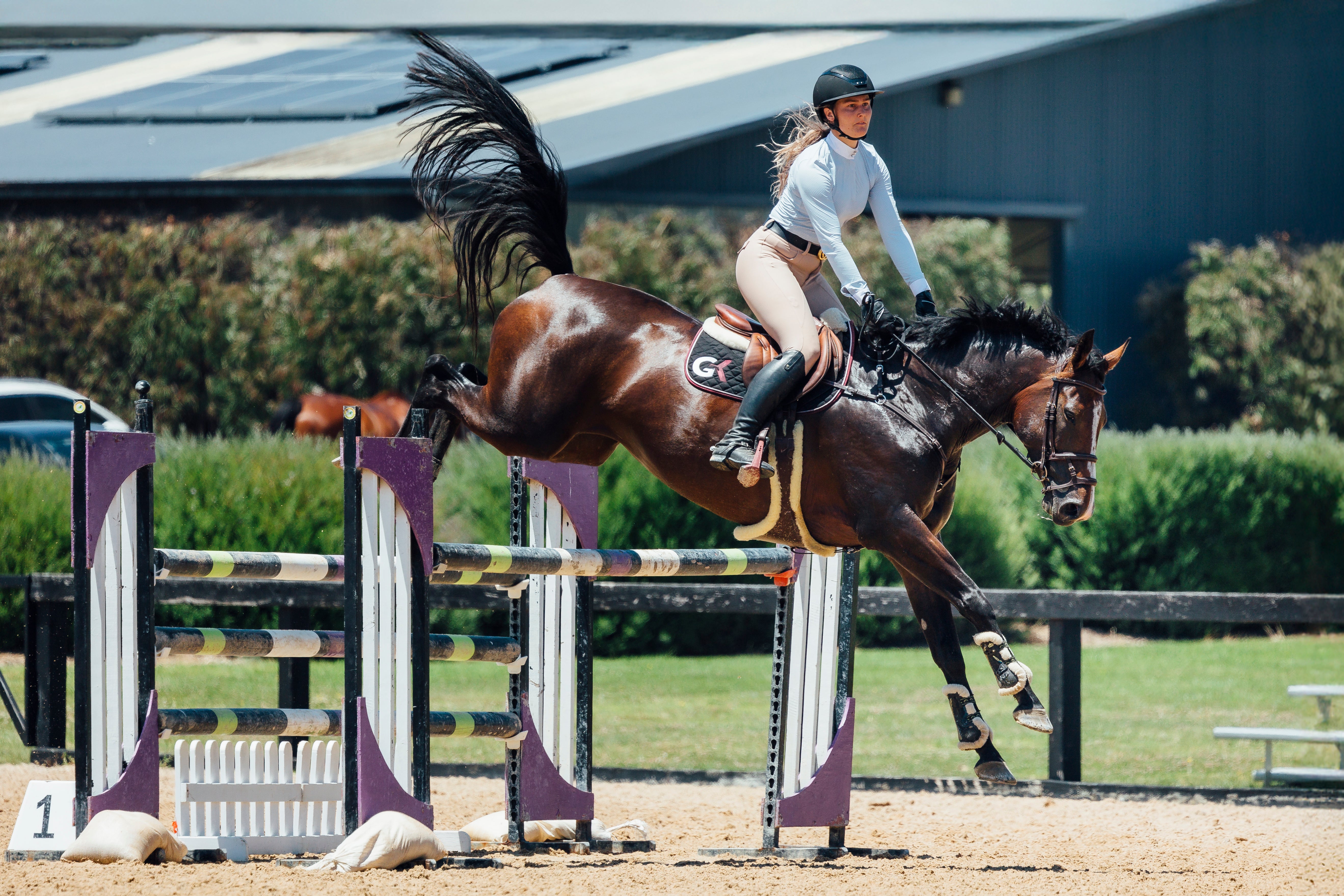 Rider competing in Wilma Sport Featherlight Competition Shirt in Misty Blue while showjumping.